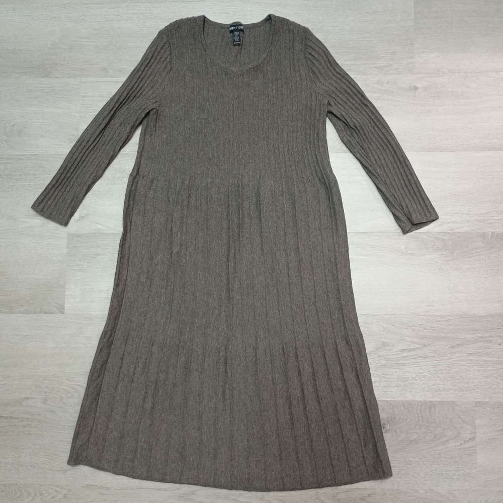 Eileen Fisher Italian Yarn 100% Wool Grey Long Sleeve Dress Ribbed Pleated XXS - Picture 1 of 7